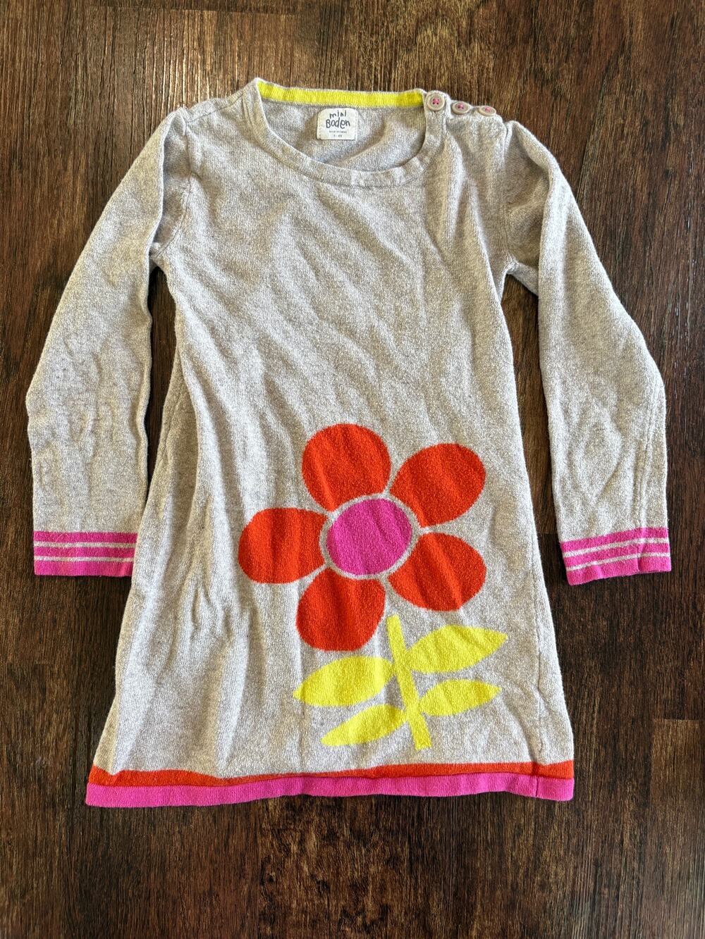 Vintage Mini Boden Girls Size 5-6 Grey Pink Flower Cashmere Blend Sweater Dress